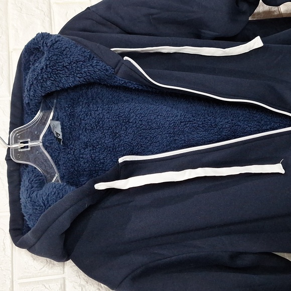 Navy Zip Up Hooded Sweatshirt with Full Teddy Bear Fleece Sherpa Lining … - Picture 2 of 9